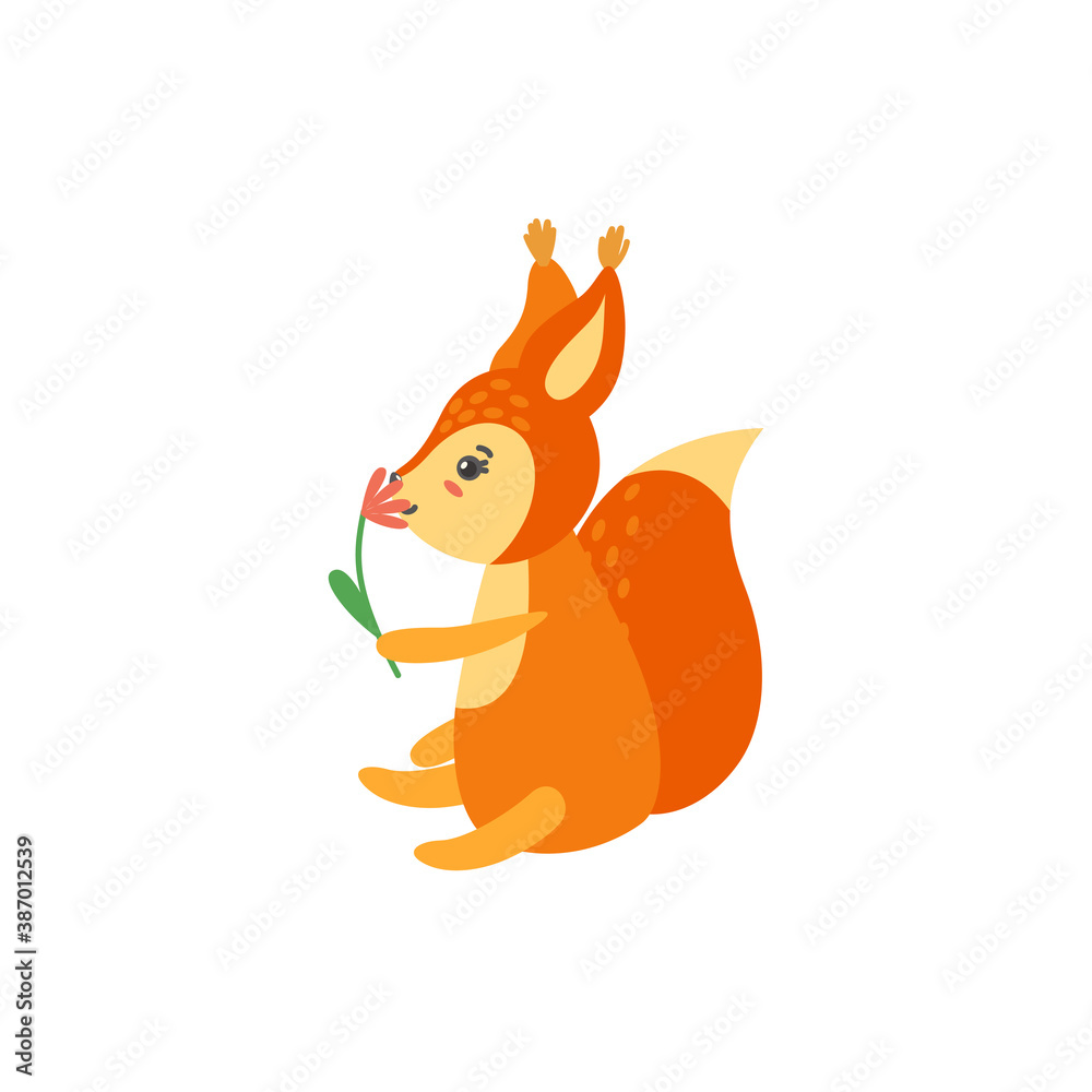 Obraz premium Squirrel sniffing flower isolated in white background. Illustration of sitting baby squirrel. Vector illustration in cartoon style