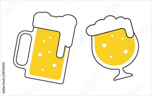 Two beer mugs with white foam isolated on white background. Cheers beer glasses vector illustration