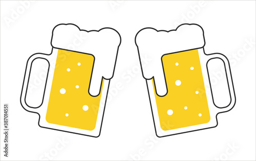Two beer mugs with white foam isolated on white background. Cheers beer glasses vector illustration