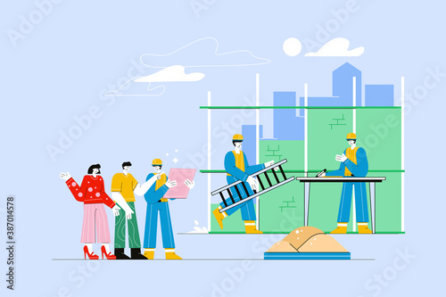Clients and contractor talking on construction site Vector Illustration