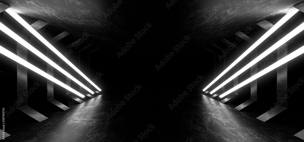A dark corridor lit by white neon lights. Reflections on the floor and walls. 3d rendering image. A dark corridor lit by white neon lights. Reflections on the floor and walls. 3d rendering image.