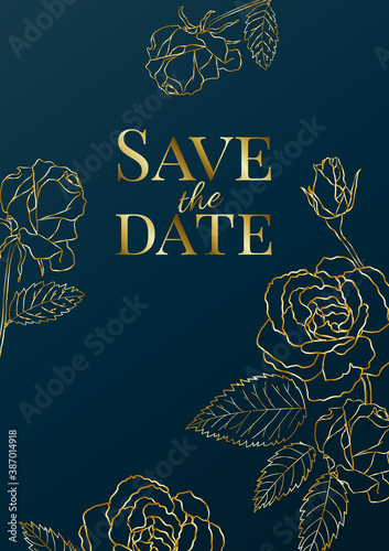 luxury wedding invitation design or greeting card template with golden roses on a navy blue background