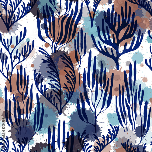 Coral polyps seamless pattern., Tropical coral reef branch silhouette elements.