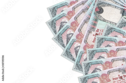 1000 Nepalese rupees bills lies isolated on white background with copy space. Rich life conceptual background photo