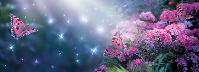 Fantasy Magical Enchanted Fairy Tale Dreamy Elf Forest with Fabulous Fairytale Blooming pink Rose Flower Garden and Butterflies on Mysterious Background, Shiny Glowing Stars and Moon Rays in Night