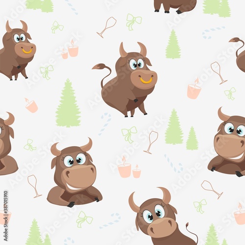 New year vector pattern with bulls for clothing design, fabric, packaging.