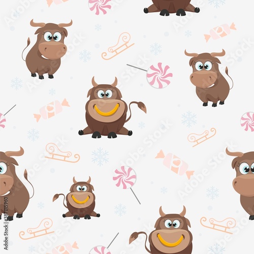 New year seamless pattern with cute bullhead. Printed background or endless decoration for Christmas design.