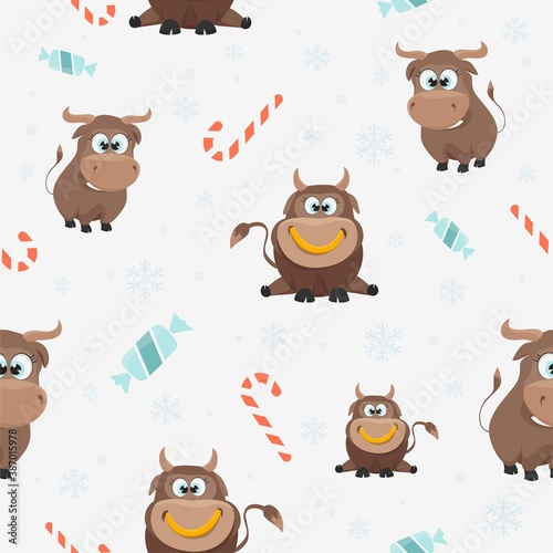 New year seamless background with a bull. Vector pattern for printing on fabric and clothing.