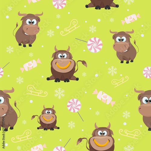 illustration with a new year's bull on a green background for design on clothing and fabric.