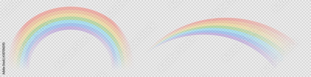 Transparent rainbow icons. Isolated realistic after rain sky background. Abstract wave of transparent rainbow. Colorful arch illustration. Wave layout of weather. Vector EPS 10. - obrazy, fototapety, plakaty 