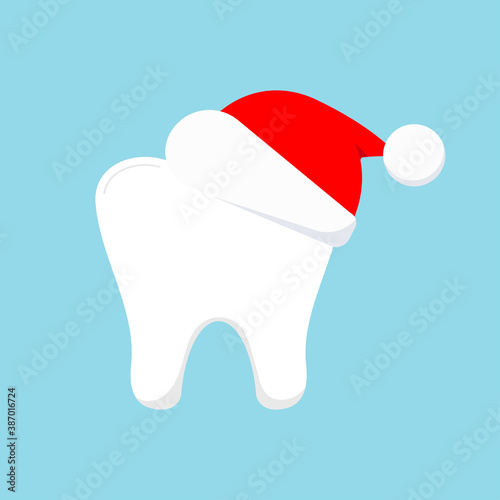 Tooth in Santa Claus hat icon isolated on background. Christmas dentist sign - white tooth wear winter holiday hat. Flat design cartoon style vector dental logo illustration. 