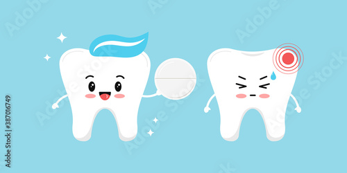 Healthy tooth gives a white pill pain reliever for a tooth with pain. Flat design cartoon character with dental hurt and pain reliever vector illustration. Teeth cleaning and treatment concept.