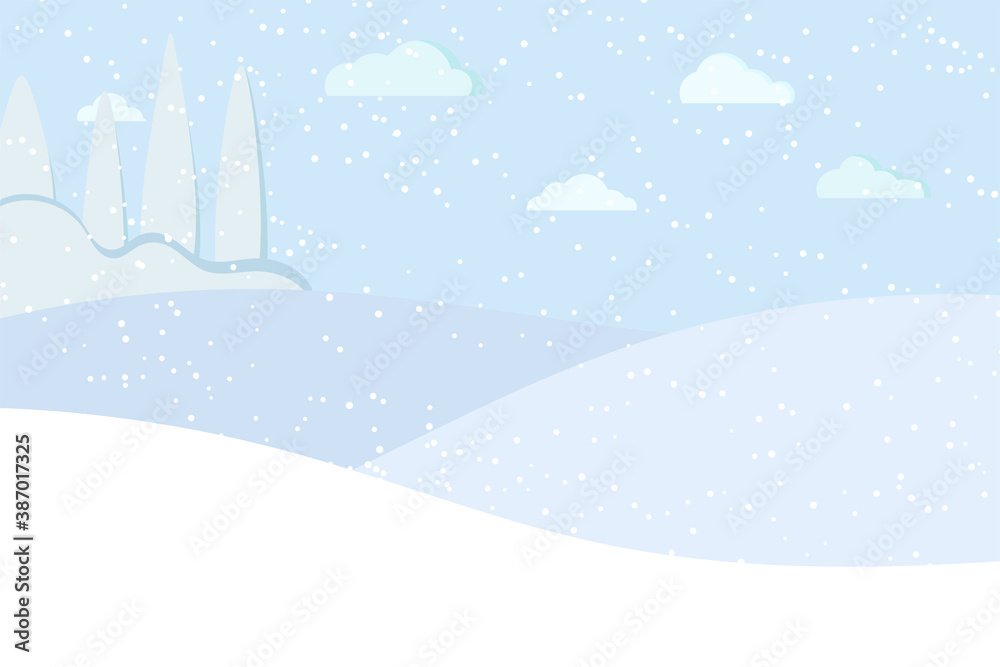 Winter panaramic landscape with blue trees, fields, sky, clouds, snow vector illustration in flat cartoon style. Snowy nature scene background.