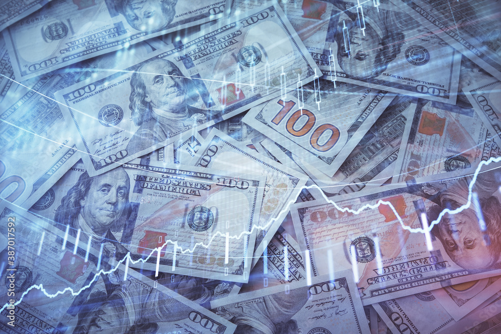 Double exposure of forex graph drawing over us dollars bill background. Concept of financial markets. Double exposure of forex graph drawing over us dollars bill background. Concept of financial markets.