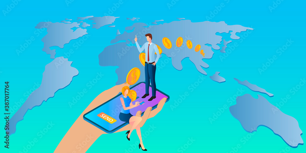 Fototapeta premium Online money transfers.People use their smartphones to send money all over the world. Hand and smartphone on the background of a large map of the world.Vector illustration.