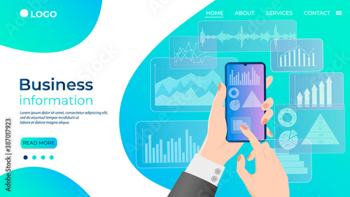 Business information.A businessman uses his smartphone to study infographics.The concept of control over business and the use of modern technologies.Flat vector illustration.The template of the landin photo