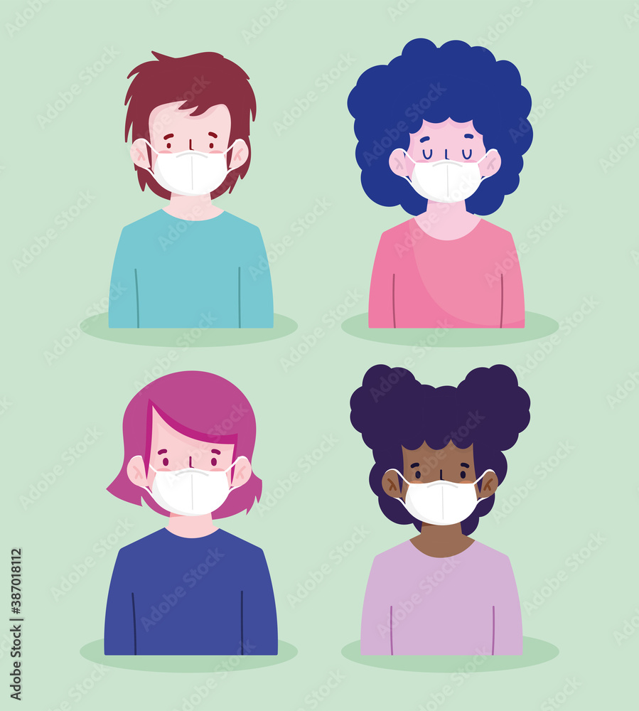 new normal, portrait cartoon men and wonman with protective masks new normal, portrait cartoon men and wonman with protective masks