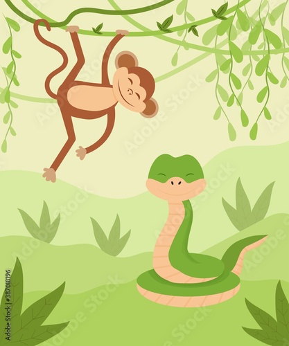 Fototapeta Naklejka Na Ścianę i Meble -  Childish rainforest, jungle composition, card with snake and hanging money, friendly and cute wildlife animals, reptiles. Background with grass, leaves and lianas.