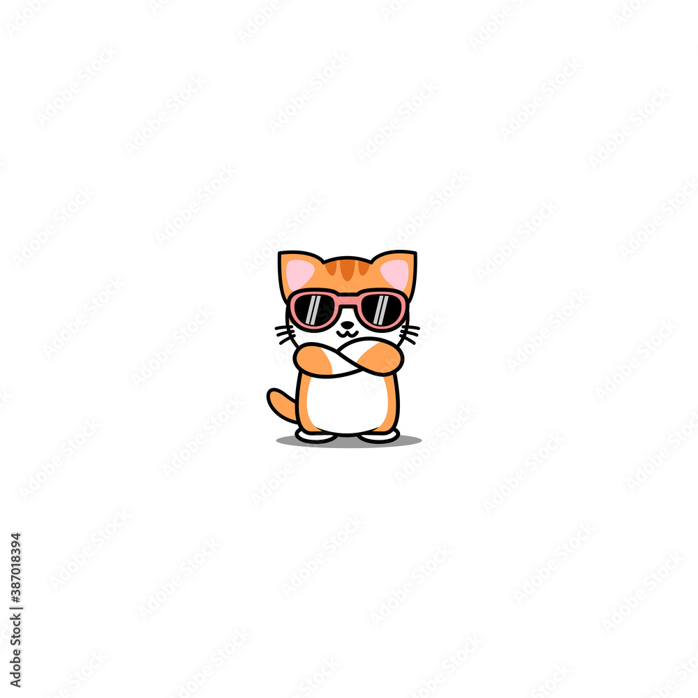 Cute orange cat with sunglasses crossing arms cartoon, vector