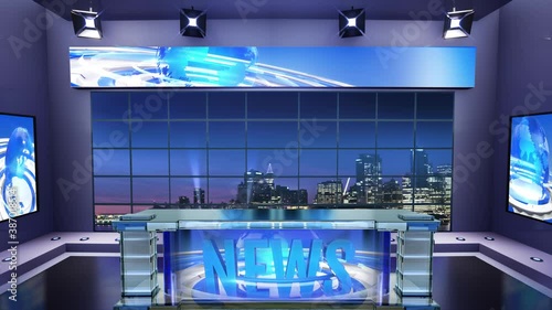 3d virtual news studio. Announcer Table with night city background and floodlights