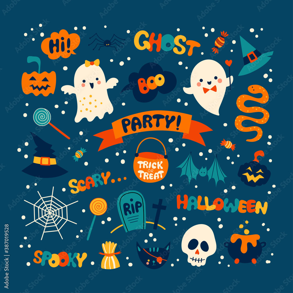 Halloween holiday cartoon illustration set with cute hand drawn characters, elements and letters.