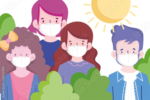 new normal, people young with masks cartoon in the park