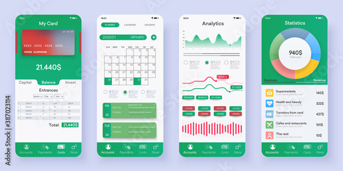 Mobile banking app smartphone interface vector templates set. Financial services online web page design layout. Pack of UI, UX, GUI 
