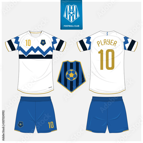Blue White Soccer jersey or football kit mockup template design for sport club.