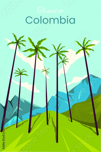 Colombia landscape. Tropics, green fields and palms. Vector illustration. Postcard from Colombia