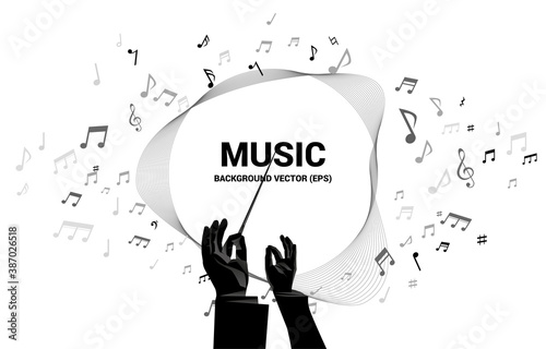 Vector conductor hand with template music melody note dancing flow . Concept background for song and concert theme.