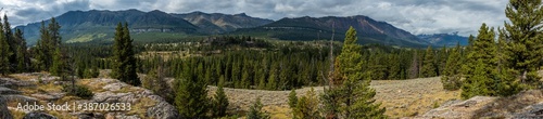 Panorama of the mountains from rock ledge, in autumn