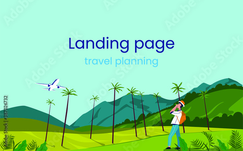 Landing page on travel and airlines. Tropics landscape, landscape with mountains and palm trees. Vector illustration