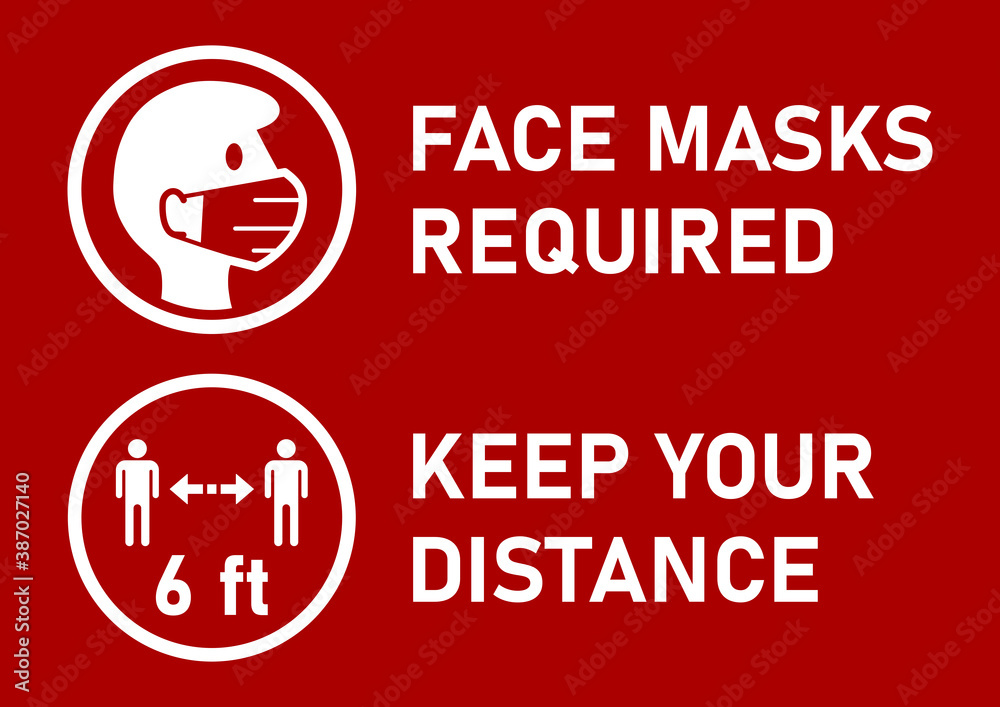 Fototapeta premium Set of Round Sticker Icons for Coronavirus Measures including Face Masks Required and Keep Your Distance 6 ft or 6 Feet. Vector Image.
