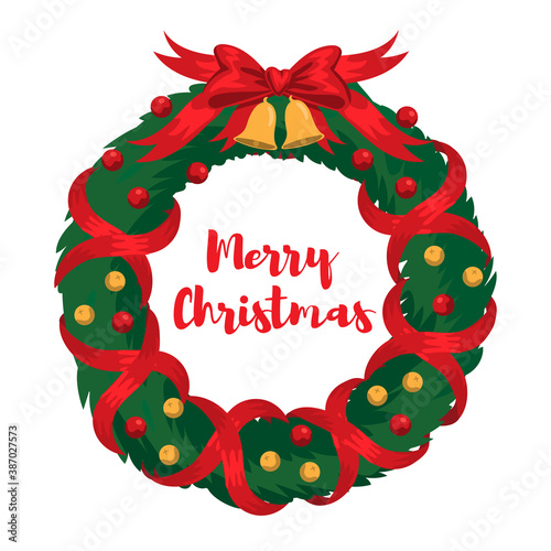 Holly Christmas wreath with red ribbons and golden bells, red berries with title - Merry Christmas. Vector  isolated illustration