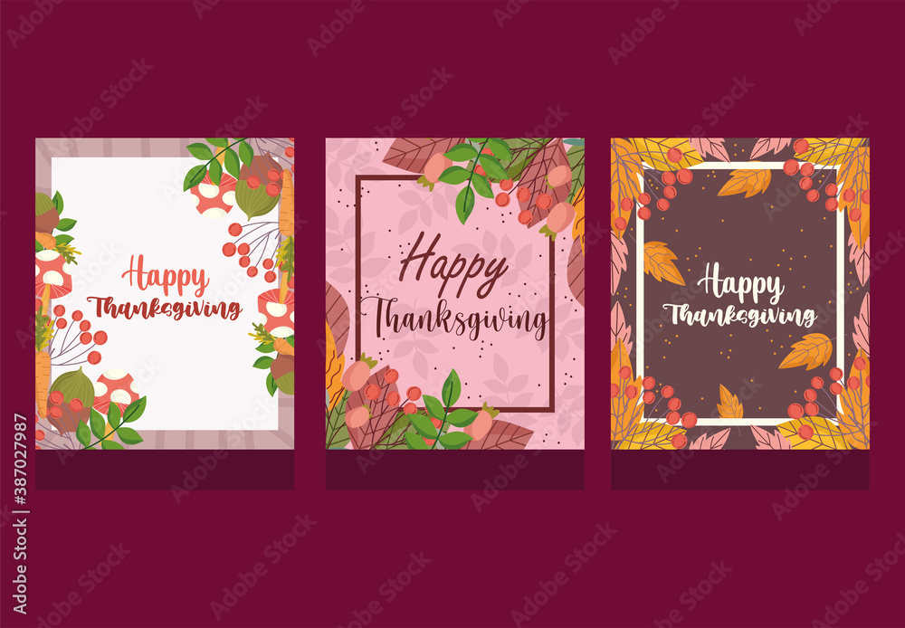 happy thanksgiving, collection cards lettering autumnal foliage season celebration
