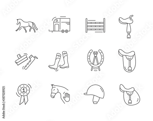 Equestrian icon lined art set. Collection of outlined horse riding icons. Vector illustration on white background. 