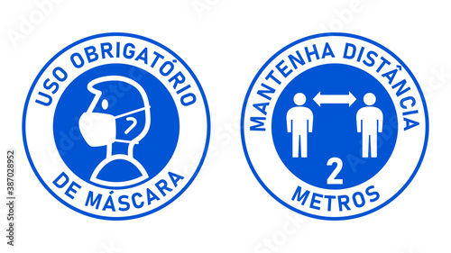 Set of Round Sticker Signs in Portuguese "Uso Obrigatorio de Mascara (Face Masks Required) and "Mantenha Distancia 2 Metros" (Keep Your Distance 2 Meters). Vector Image.