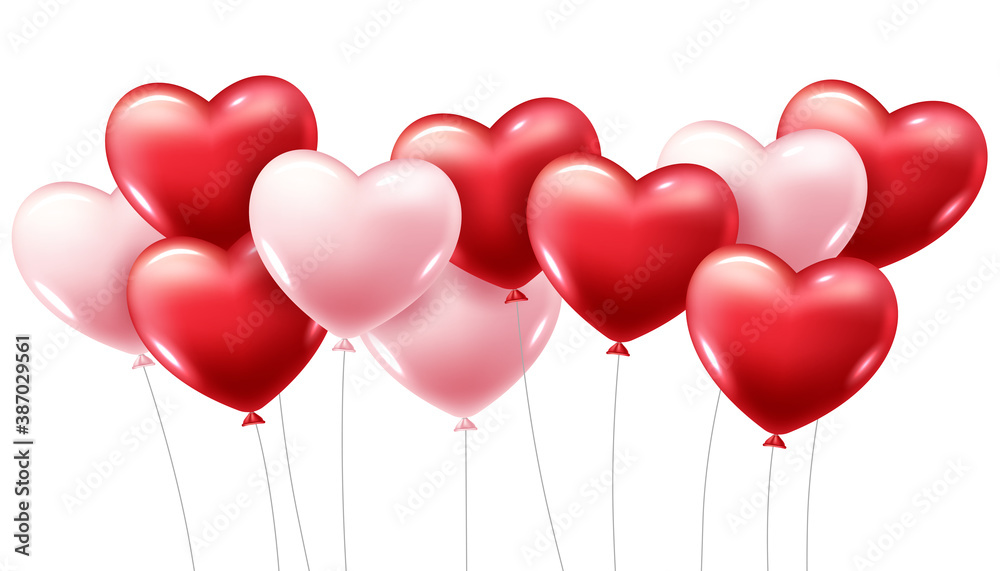 3D Realistic Red Heart Balloons Flying