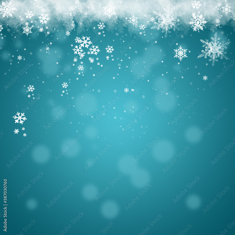 Snow background. Blue Christmas snowfall with defocused flakes. Winter concept with falling snow. Holiday texture and white snowflakes.