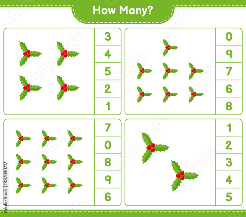 Counting game, how many Holly Berries. Educational children game, printable worksheet, vector illustration