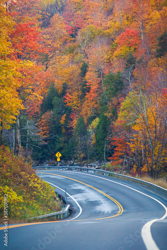 Winding Road Through Autumn Trees with Fall Colors in New England