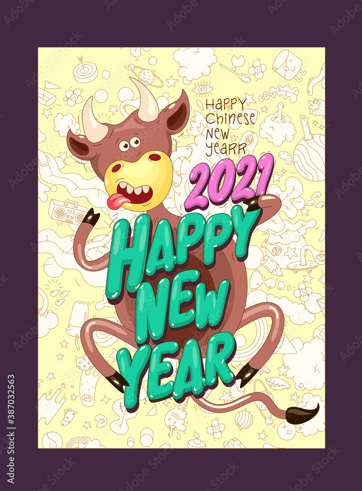 2021. Year of the bull. Vector abstract illustration. Illustration in doodle style. Bull, New Year's text and elements in the background.