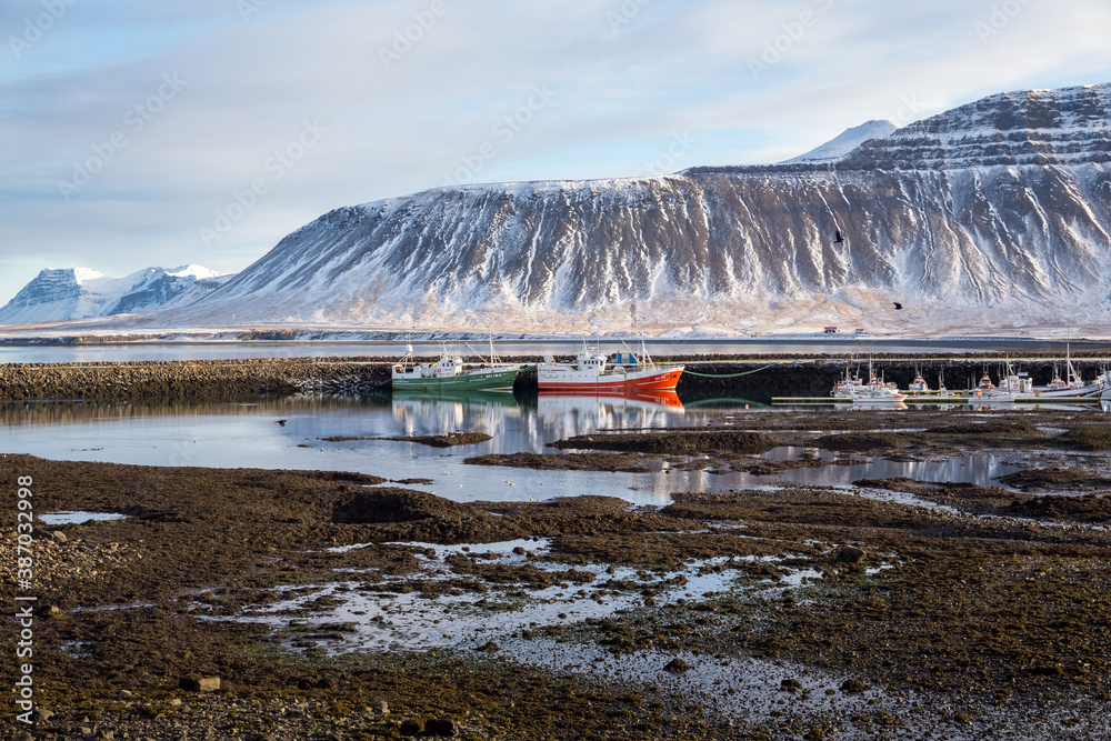 Fishing boats docked in fjord, Iceland