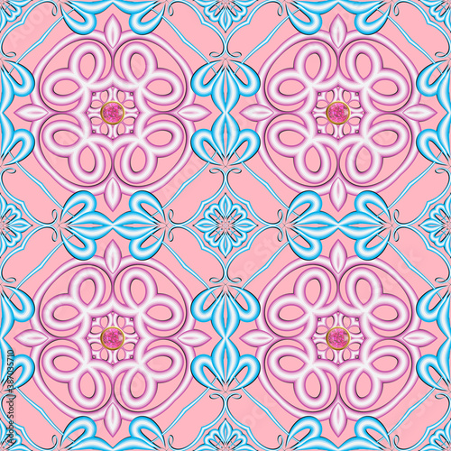 Floral 3d seamless pattern. Ornamental pink jewelry background. Repeat vector backdrop. Vintage arabic ornaments. Elegance flowers, lines, shapes, leaves, gemstones. Beautiful ornate design