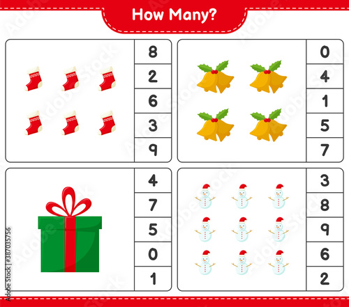 Counting game, how many christmas decoration educational children game, printable worksheet, vector illustration