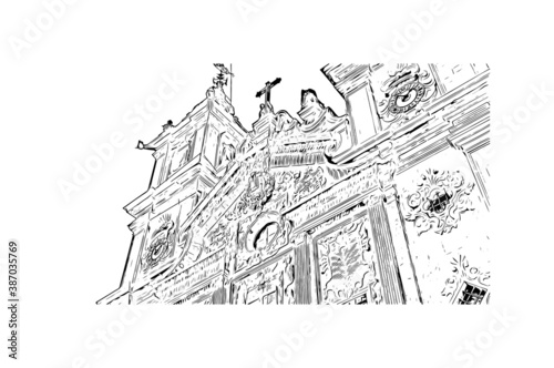 Building view with landmark of Braga is a city in the far north of Portugal. Hand drawn sketch illustration in vector.