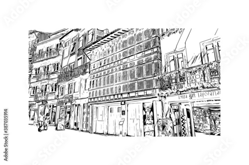 Building view with landmark of Braga is a city in the far north of Portugal. Hand drawn sketch illustration in vector.