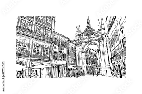 Building view with landmark of Braga is a city in the far north of Portugal. Hand drawn sketch illustration in vector.