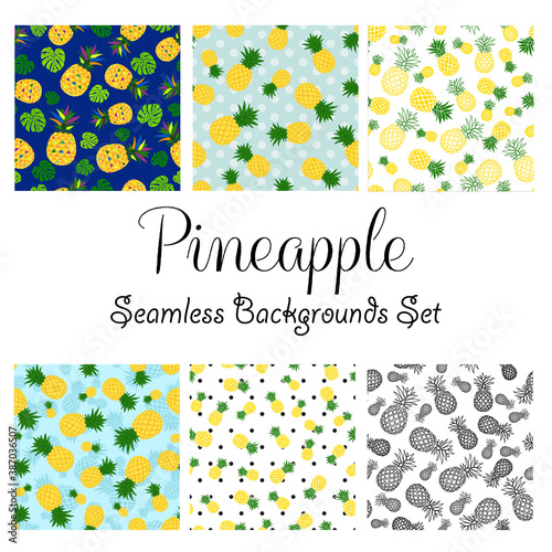 Pineapple mixed pattern set, collection, seamless pattern yellow, green, outline different versions, six tiles.