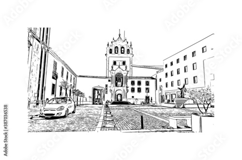 Building view with landmark of Braga is a city in the far north of Portugal. Hand drawn sketch illustration in vector.
